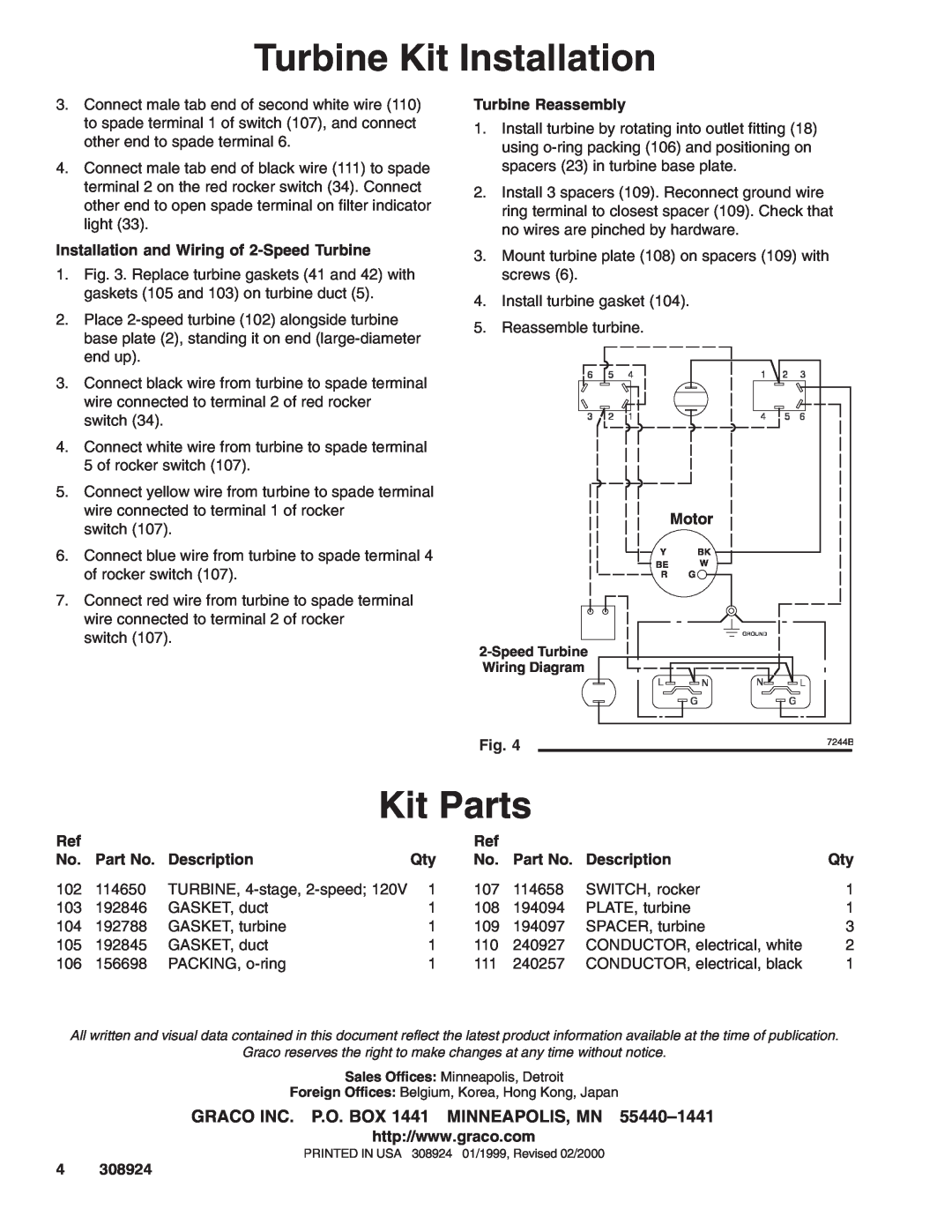 Graco Series A, 241123 manual Kit Parts, Turbine Kit Installation 