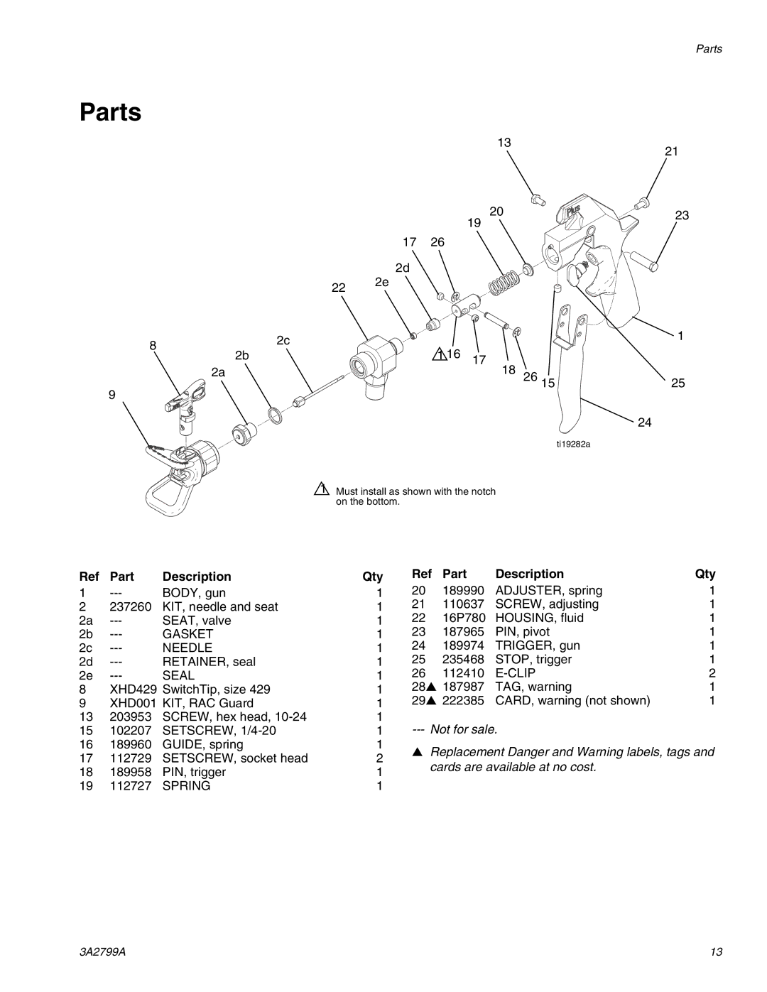 Graco 262854, Series A important safety instructions Parts, Part Description Qty 