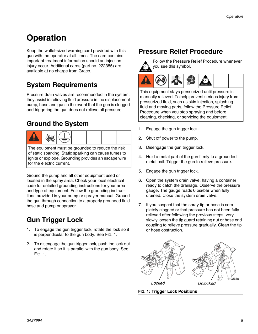 Graco 262854, Series A Operation, Pressure Relief Procedure, System Requirements, Ground the System, Gun Trigger Lock 