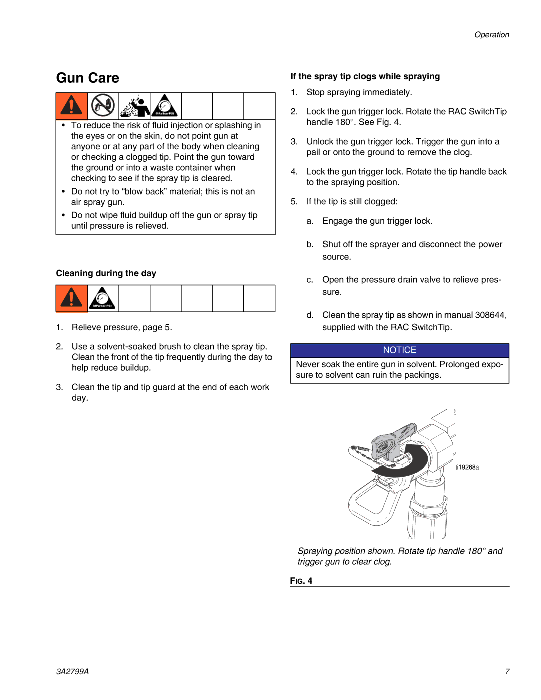 Graco 262854, Series A important safety instructions Gun Care, Cleaning during the day 