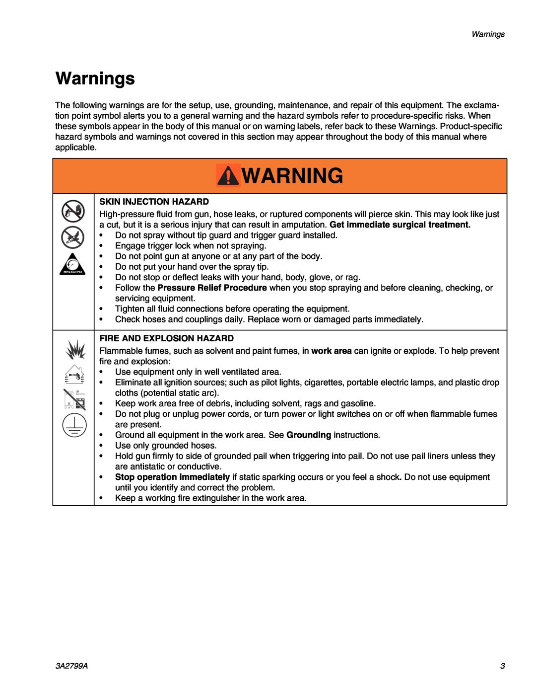 Graco 262854, Series A important safety instructions Warnings, Skin Injection Hazard, Fire And Explosion Hazard 