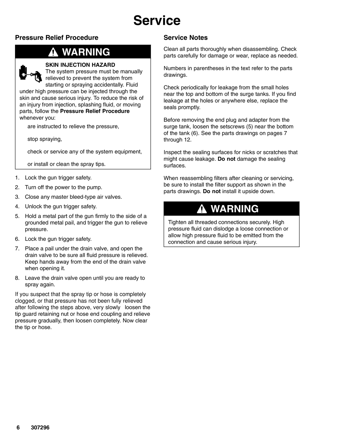 Graco Model 214624, Series A, Series C, Model 237069, Model 238620, Model 214724 Pressure Relief Procedure, Service Notes 