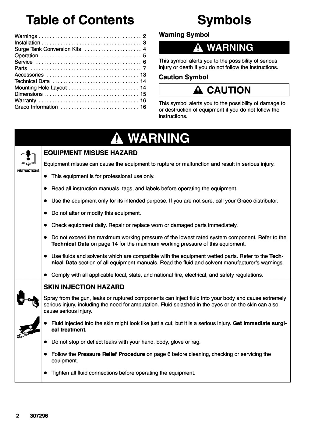 Graco Model 237069 Table of Contents, Symbols, Warning Symbol, Caution Symbol, Equipment Misuse Hazard, cal treatment 