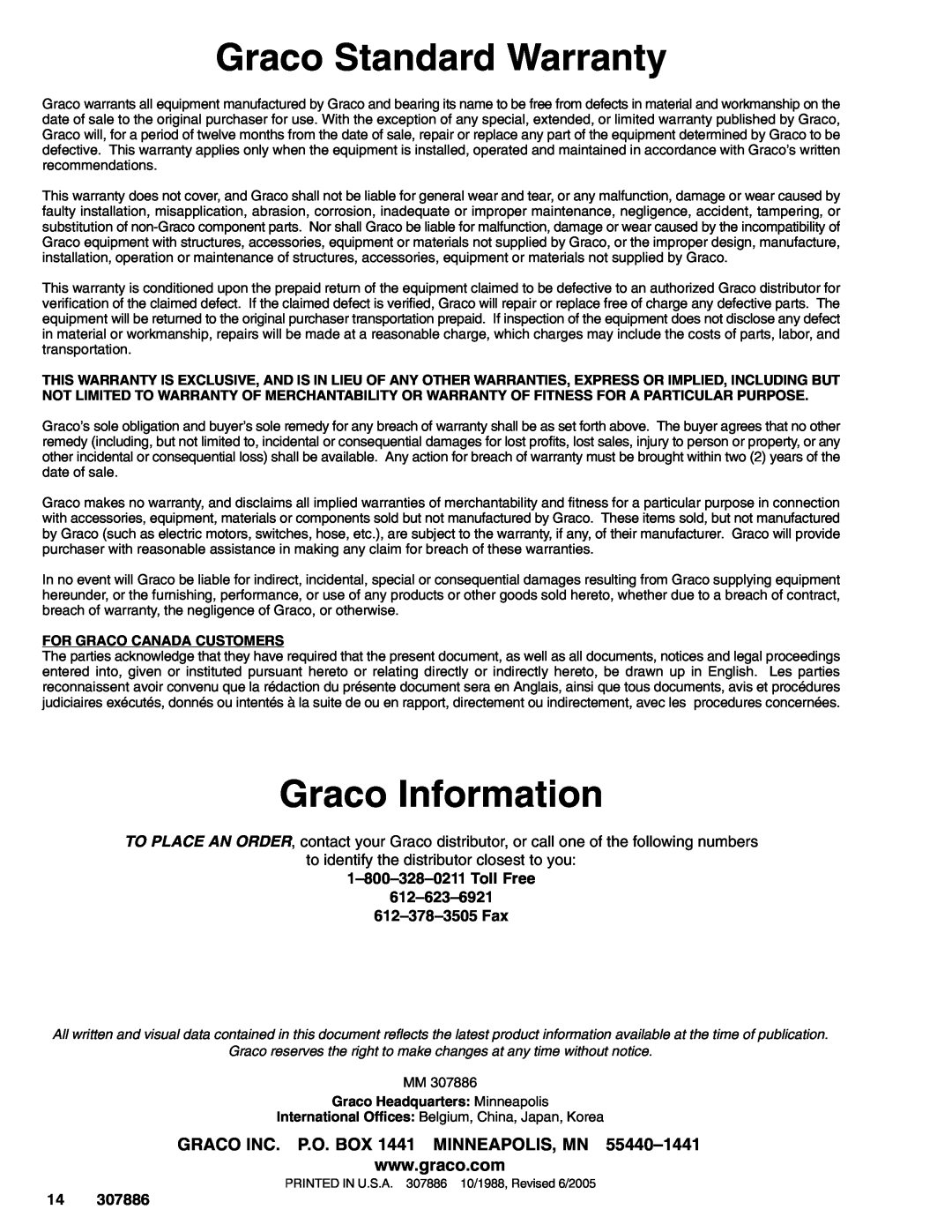 Graco Series B, 222121 warranty Graco Standard Warranty, Graco Information 