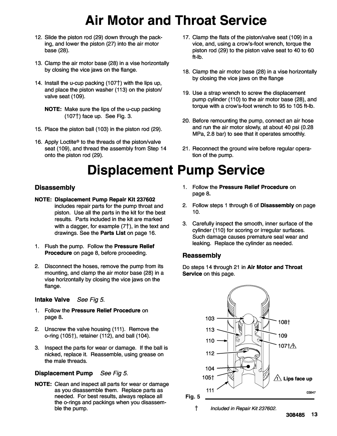 Graco 237526 Displacement Pump Service, Intake Valve See Fig, Displacement Pump See Fig, Air Motor and Throat Service 