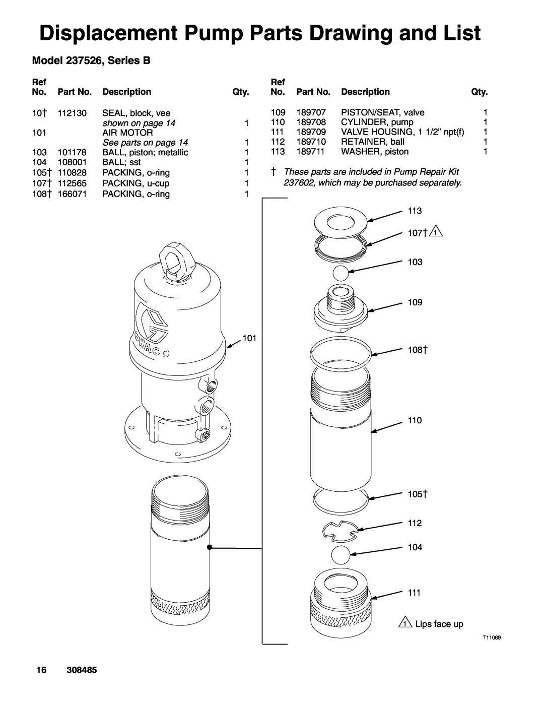 Graco Series B, 237526 dimensions Displacement Pump Parts Drawing and List, Description, shown on page, See parts on page 