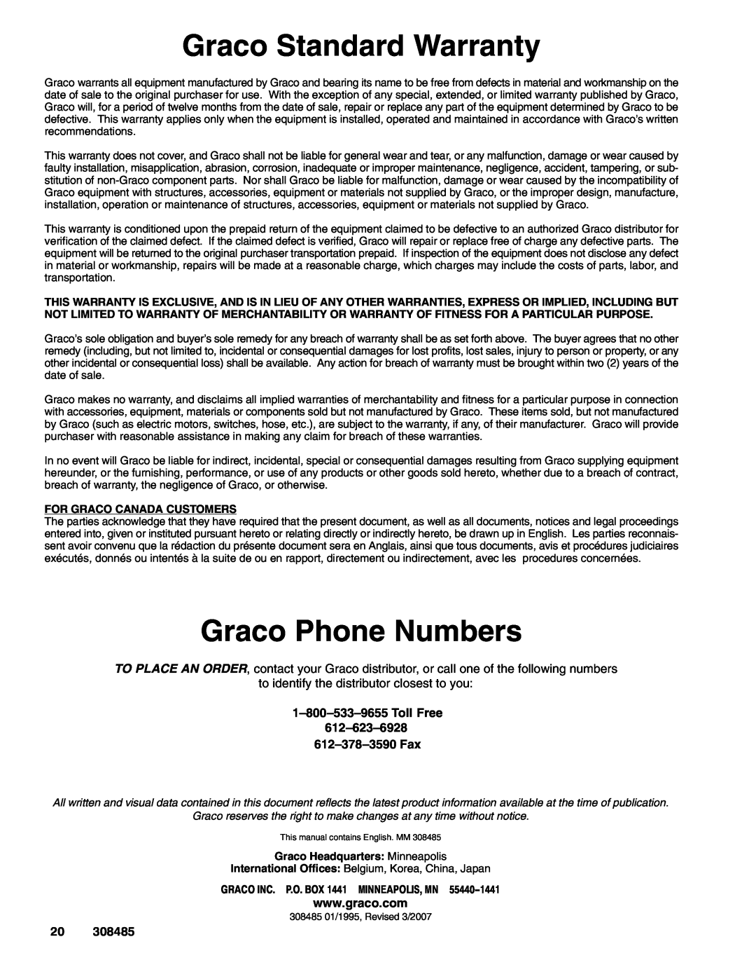 Graco Series B Graco Standard Warranty, Graco Phone Numbers, For Graco Canada Customers, Graco Headquarters Minneapolis 