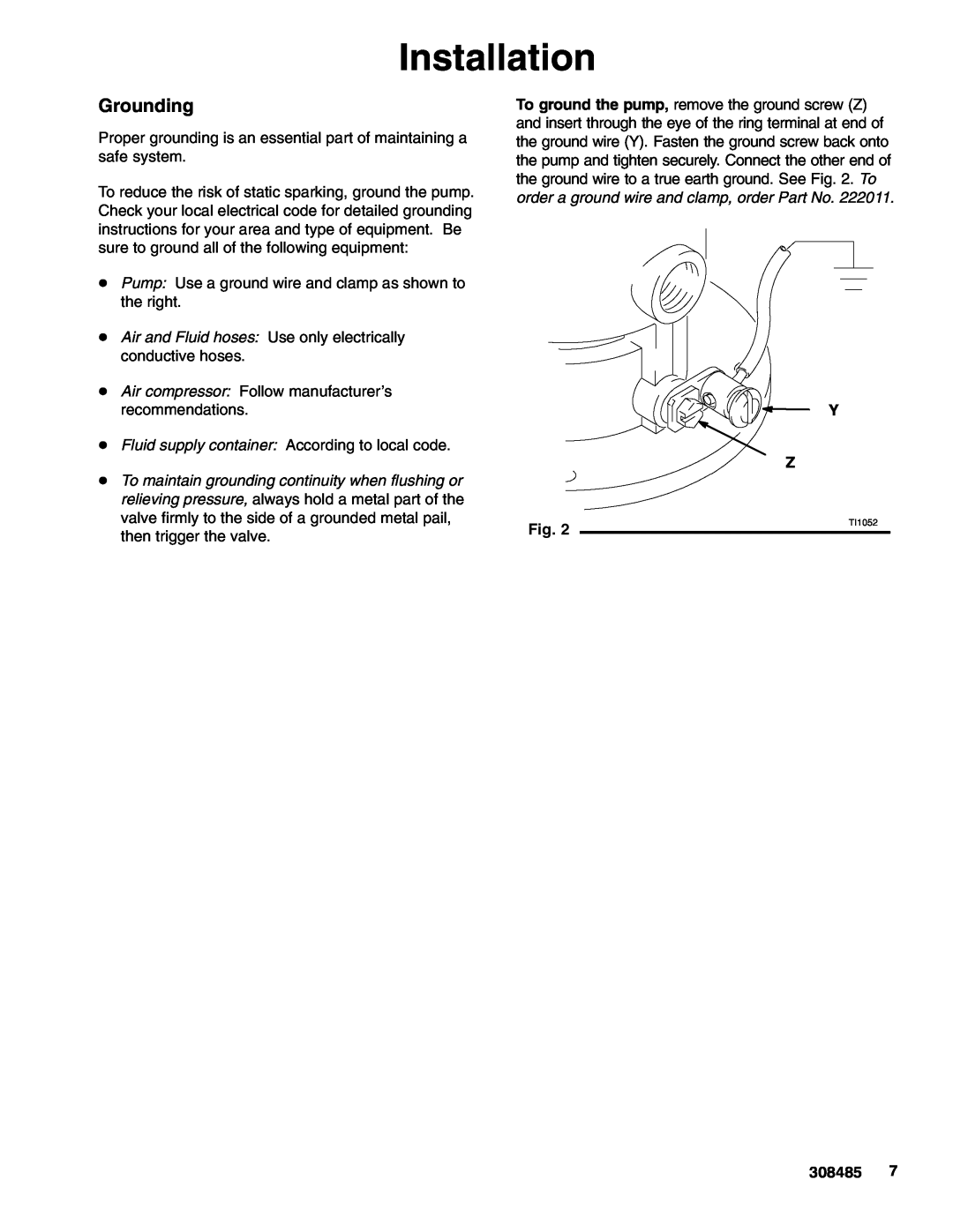 Graco 237526 Grounding, D Pump Use a ground wire and clamp as shown to, the right, conductive hoses, recommendations 