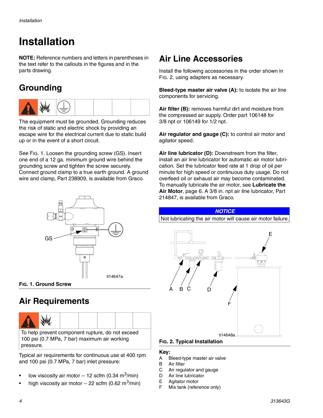 Graco 24C729, Series B, 24C728 B warranty Installation, Grounding, Air Requirements, Air Line Accessories 