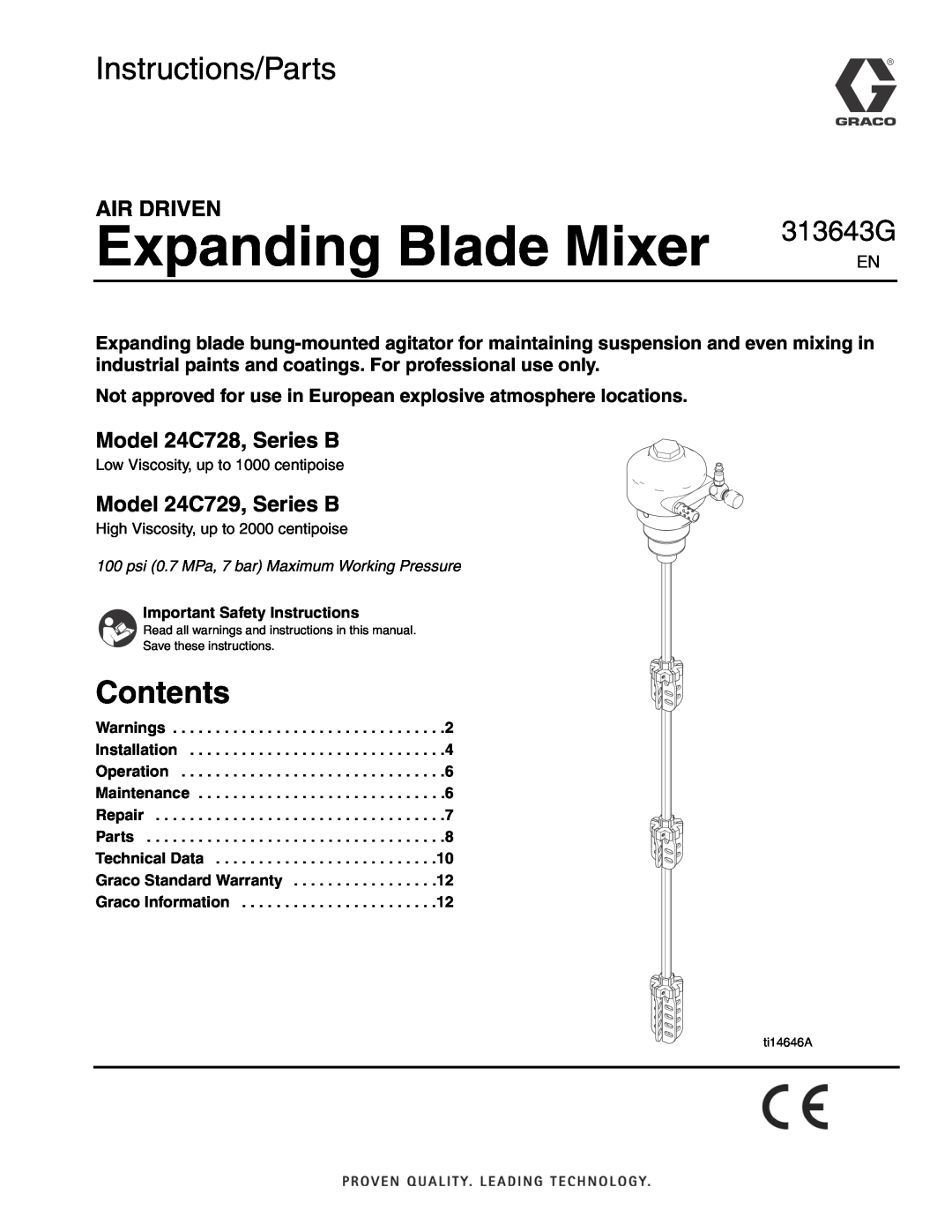 Graco 24C729 warranty Contents, Expanding Blade Mixer, Instructions/Parts, 313643G, Air Driven, Model 24C728, Series B 