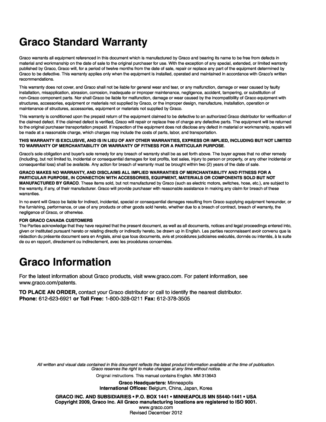 Graco Series B, 24C729, 24C728 B warranty Graco Standard Warranty, Graco Information 