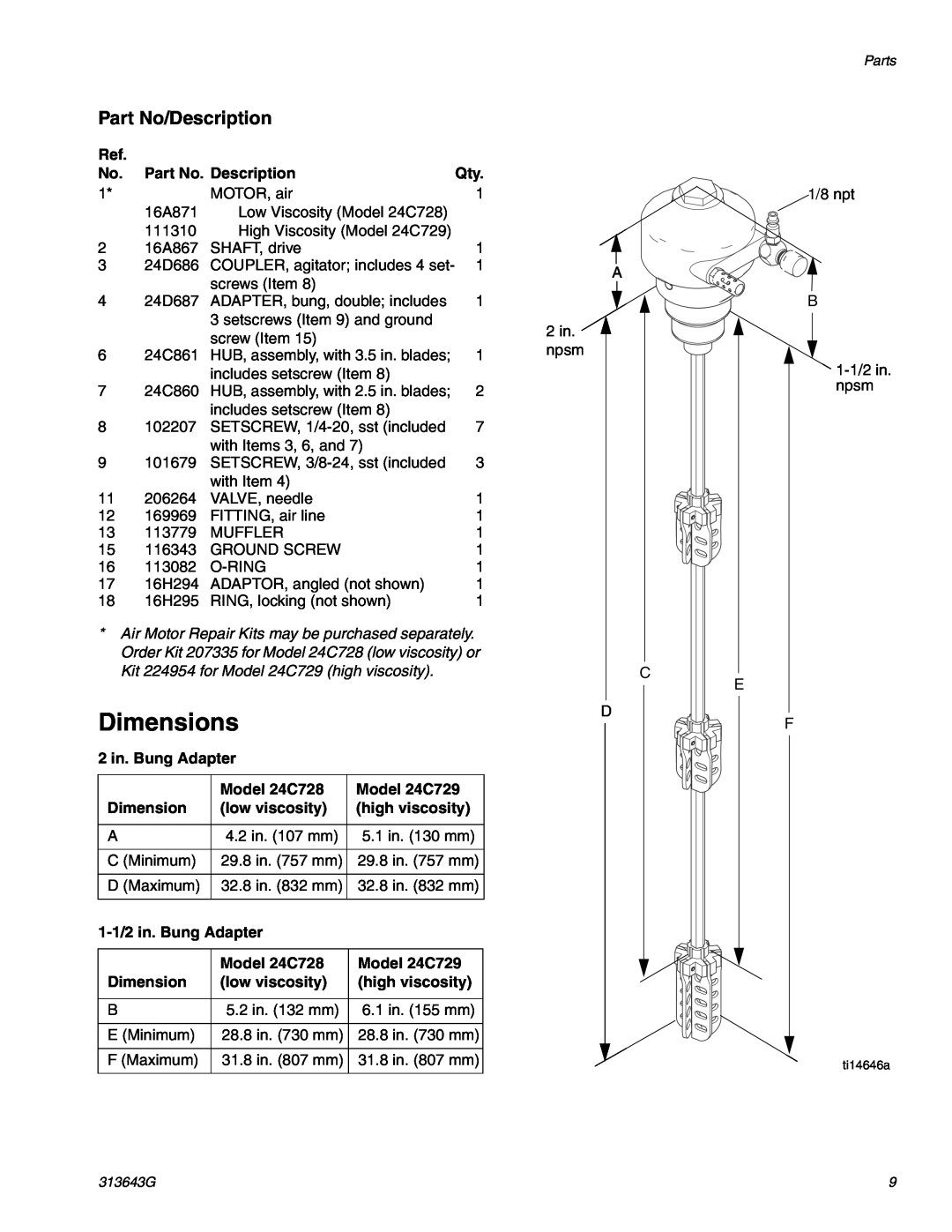 Graco Series B, 24C729, 24C728 B warranty Dimensions, Part No/Description 