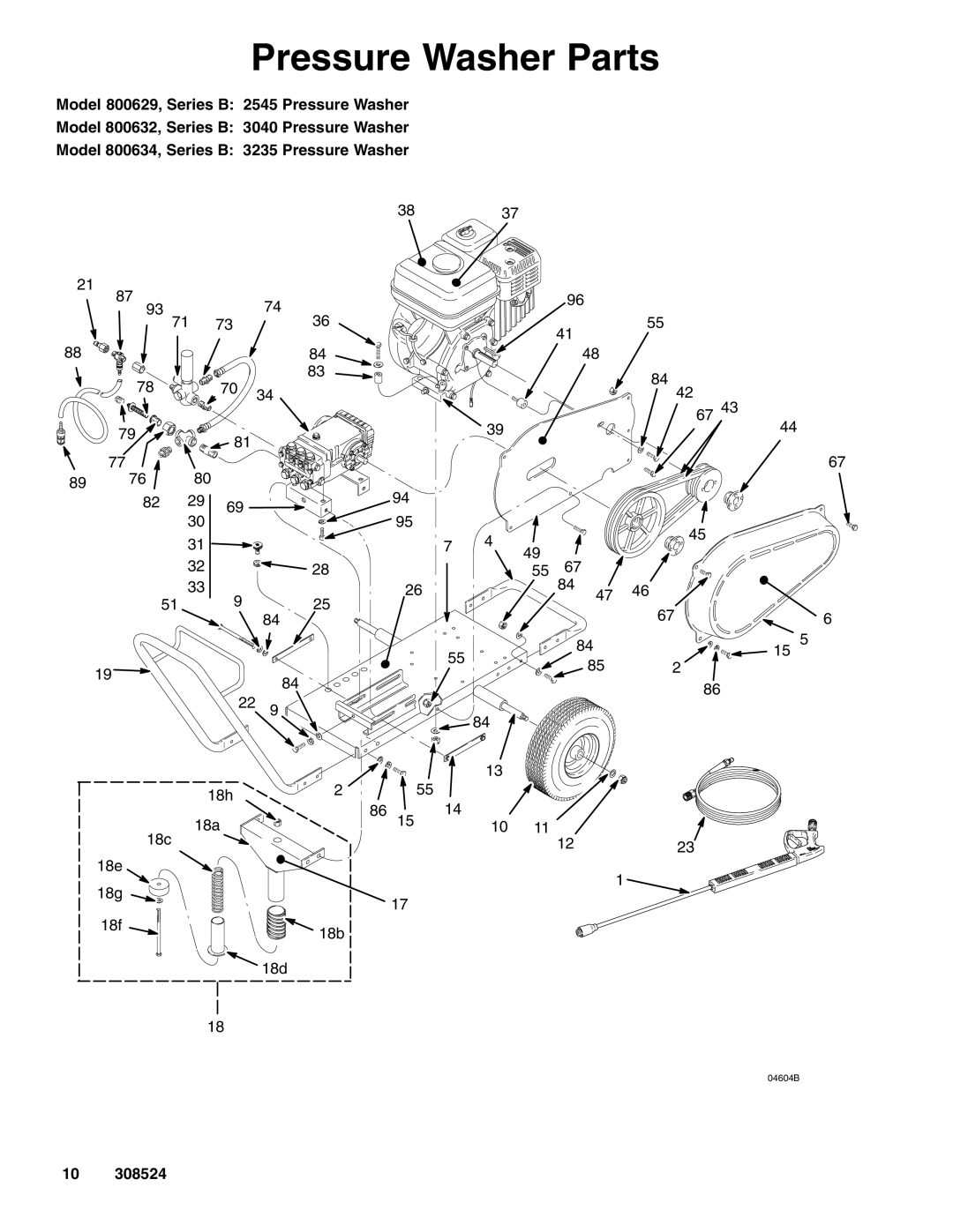 Graco 2545, Series B, 3400 psi, 3600 psi, 3235, 3040, 800634, 3200 psi, 800632, 3000 psi, 800629, 2500 psi Pressure Washer Parts 