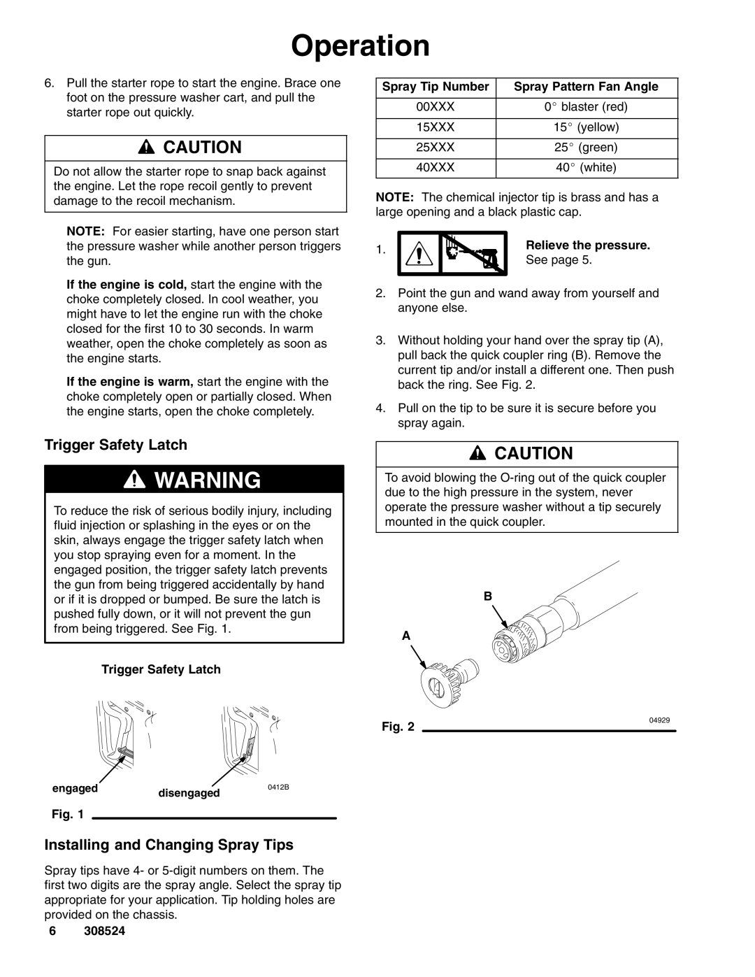 Graco 3200 psi, 3235 Trigger Safety Latch, Installing and Changing Spray Tips, Spray Tip Number Spray Pattern Fan Angle 