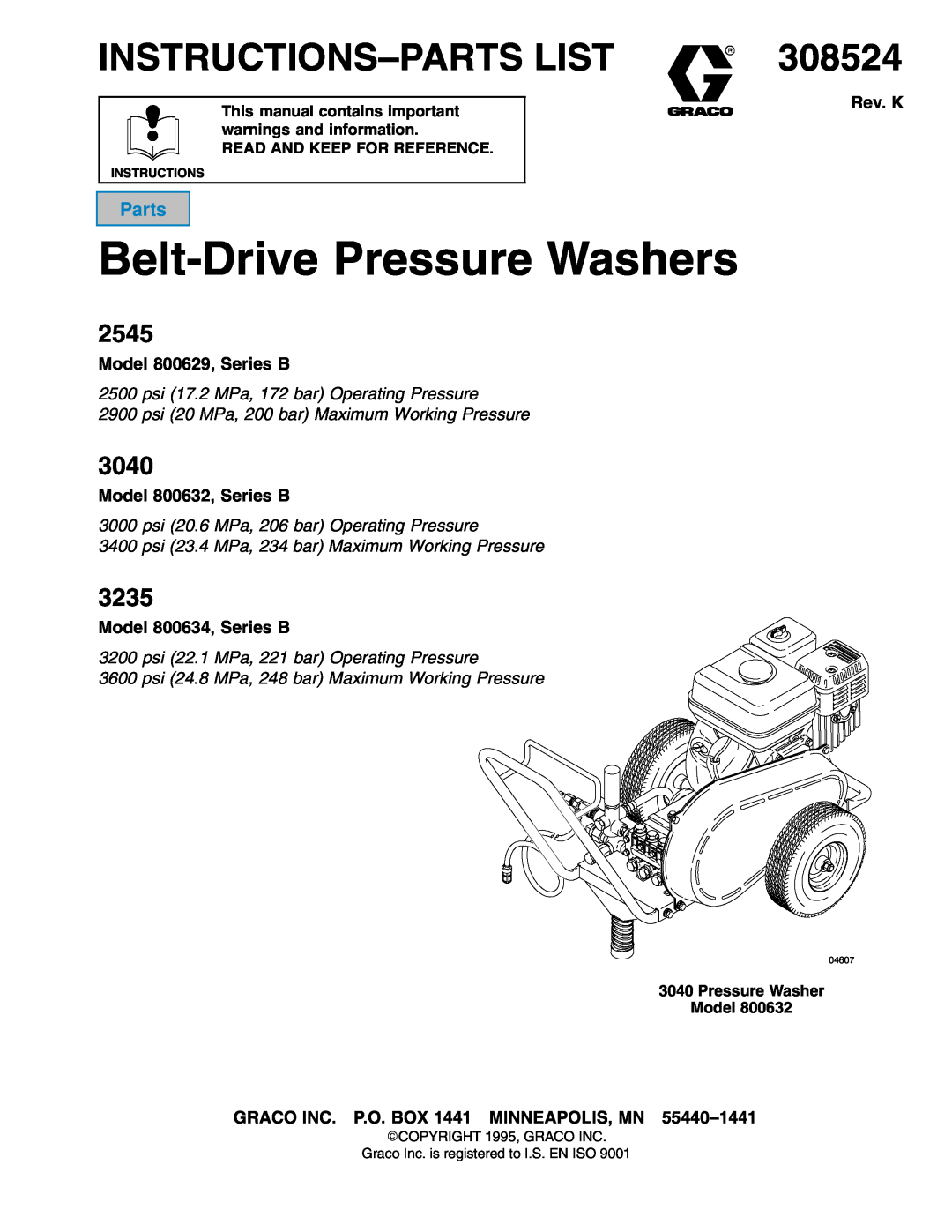 Graco 222121, Series B warranty Instructions - Parts List, Table of Contents, Fluid Pressure Regulator 307886K 