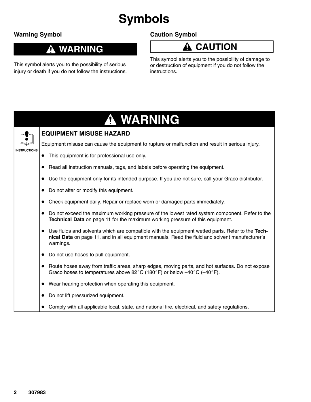 Graco Series D, 223177 important safety instructions Symbols, Equipment Misuse Hazard 