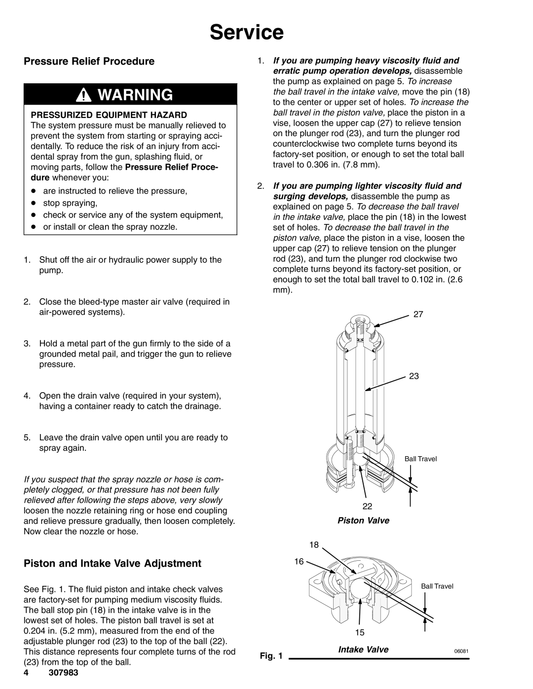 Graco Series D, 223177 important safety instructions Service, Pressure Relief Procedure, Piston and Intake Valve Adjustment 