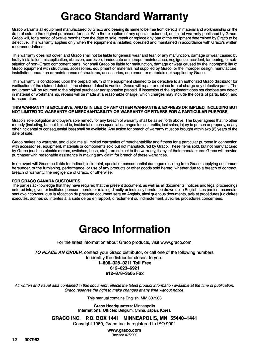 Graco Series D Graco Standard Warranty, Graco Information, For Graco Canada Customers, Graco Headquarters Minneapolis 
