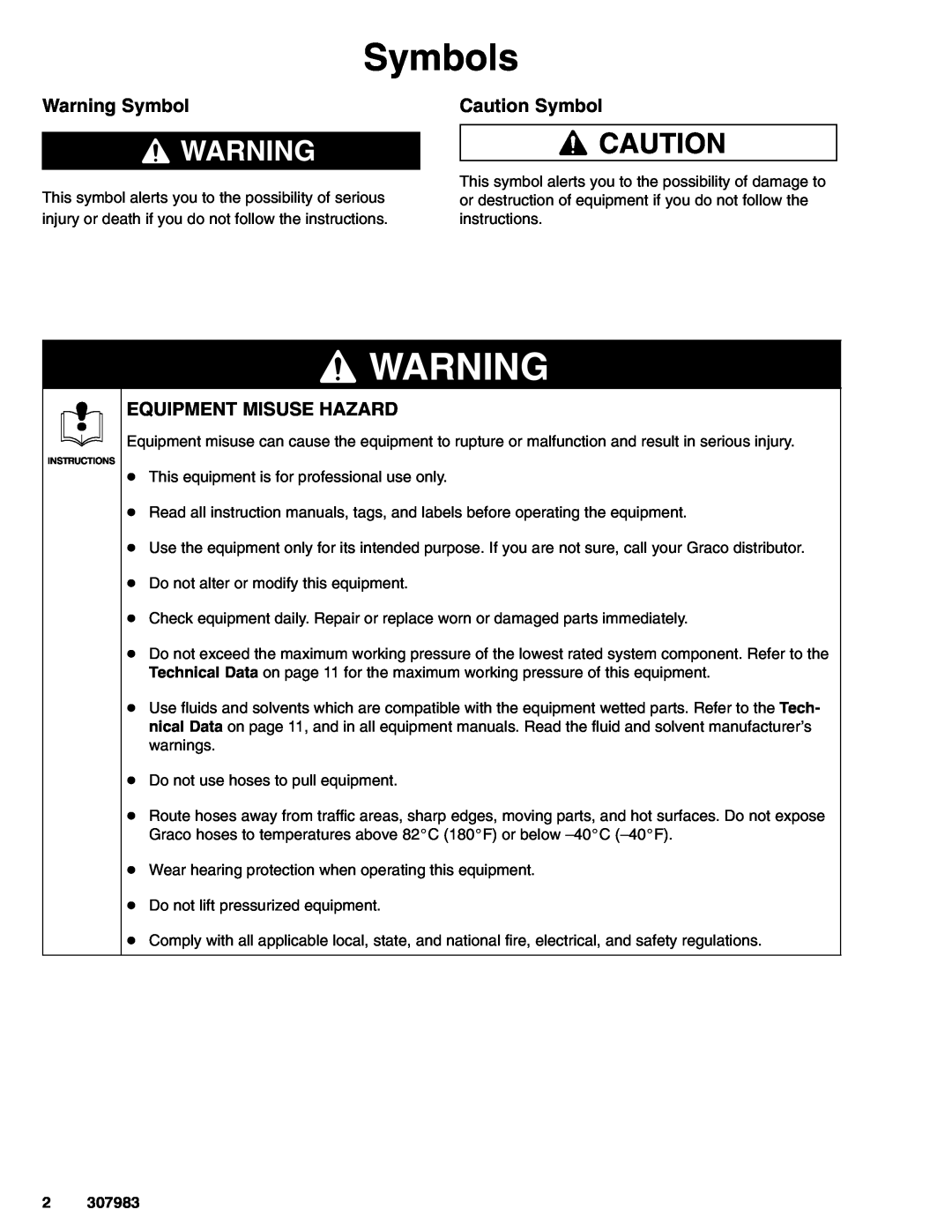 Graco Series D, 223177 important safety instructions Symbols, Warning Symbol, Caution Symbol, Equipment Misuse Hazard 