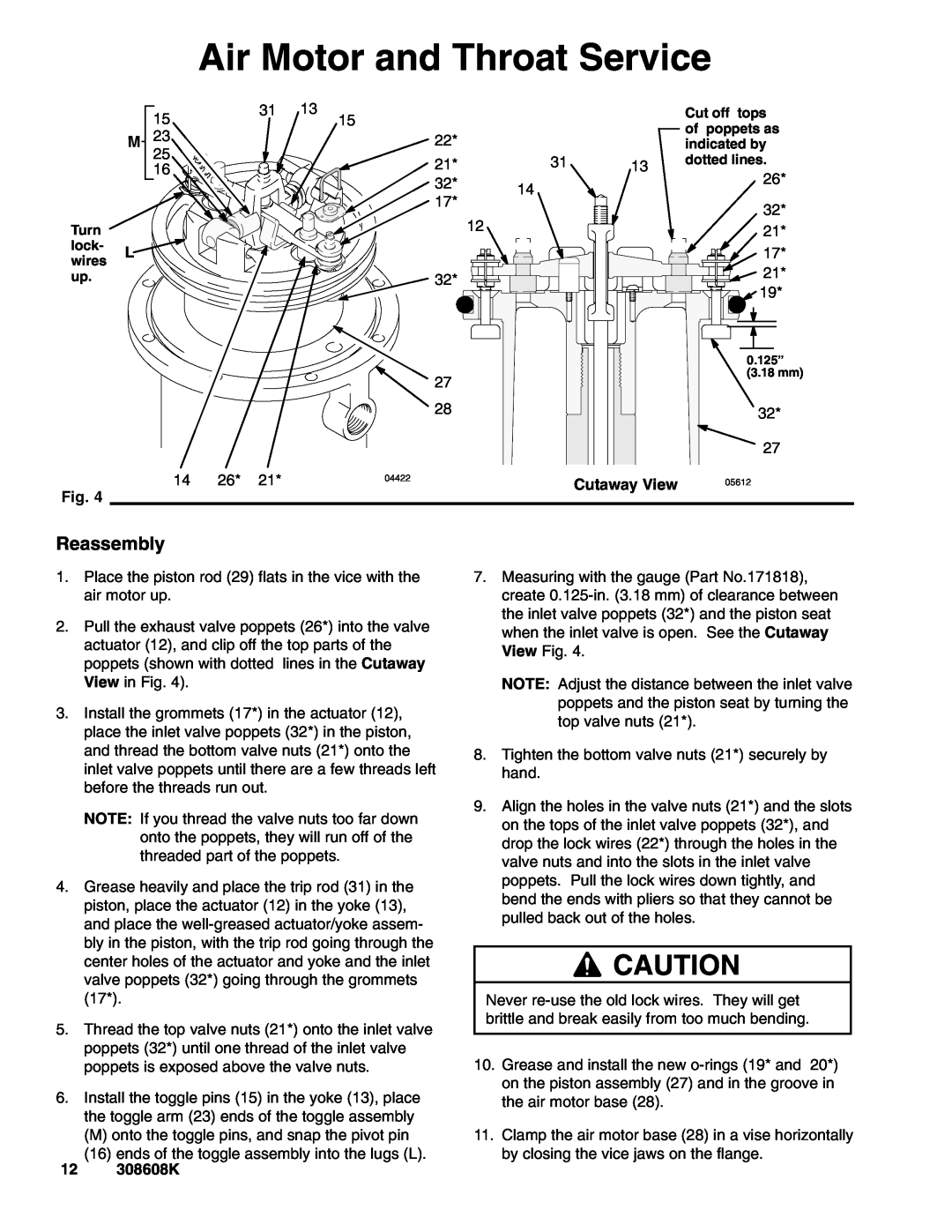 Graco Series D, 238108 important safety instructions Reassembly, Cutaway View, 12 308608K, Air Motor and Throat Service 