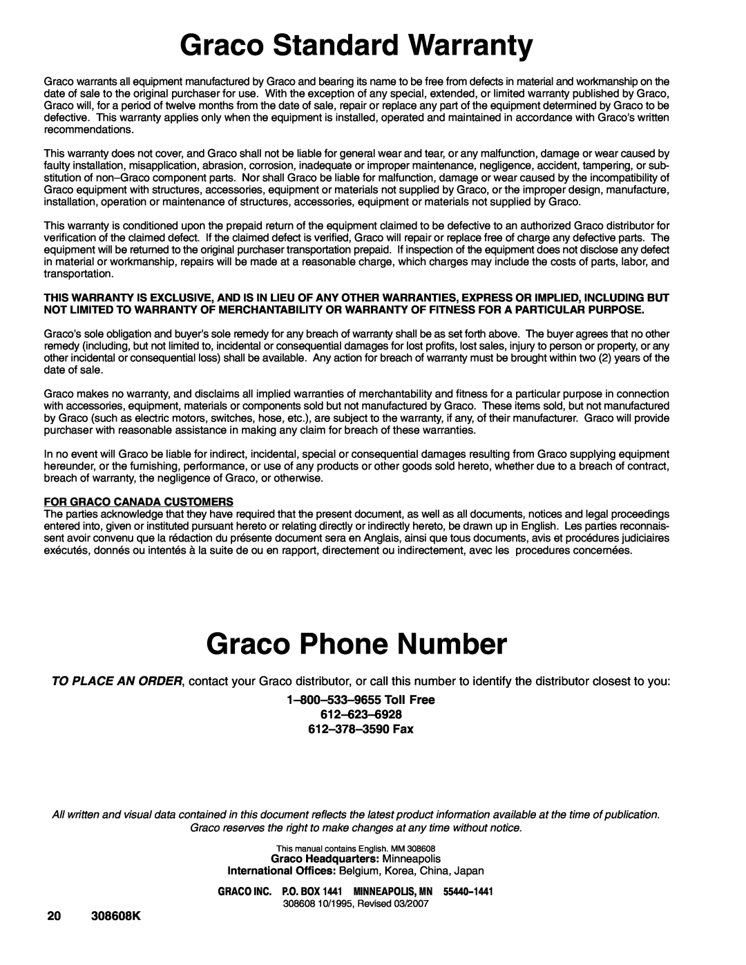 Graco Series D, 238108 important safety instructions Graco Standard Warranty, Graco Phone Number, 20 308608K 