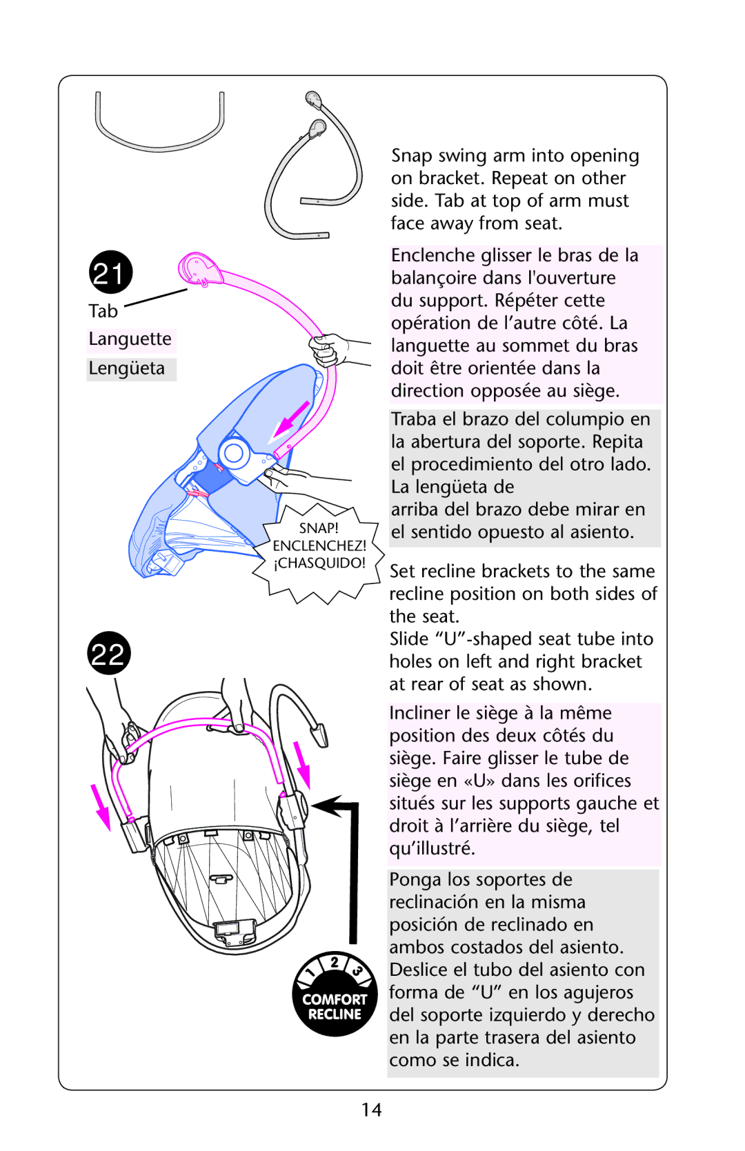 Graco Silhouette Swing owner manual Tab Languette Lengüeta 