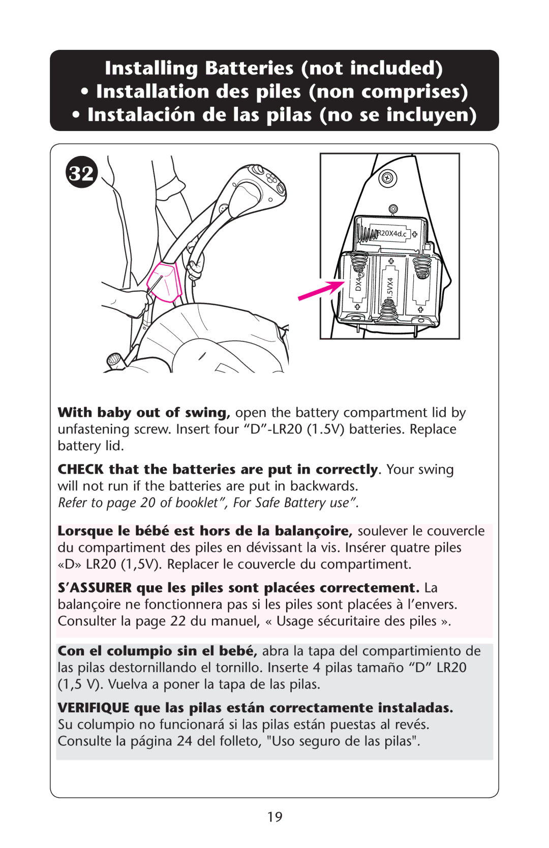 Graco Silhouette Swing owner manual Refer to page 20 of booklet, For Safe Battery use 