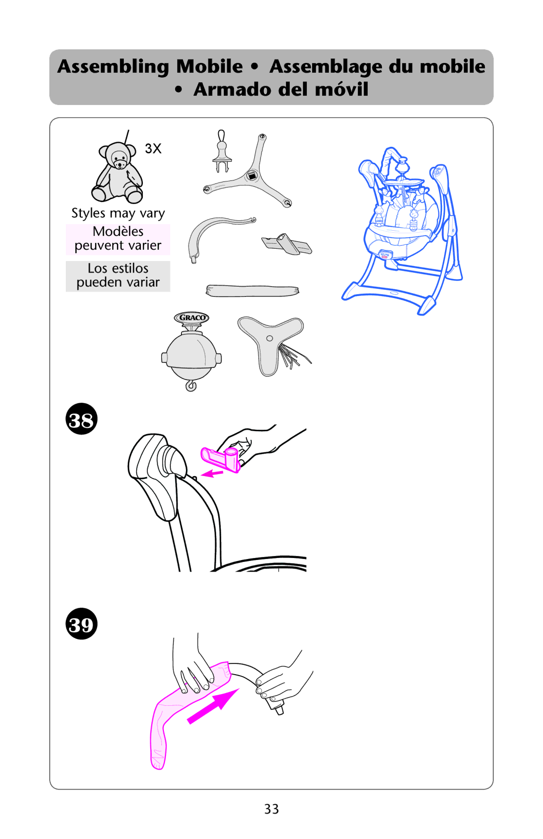 Graco Silhouette Swing owner manual Assembling Mobile Assemblage du mobile Armado del móvil 
