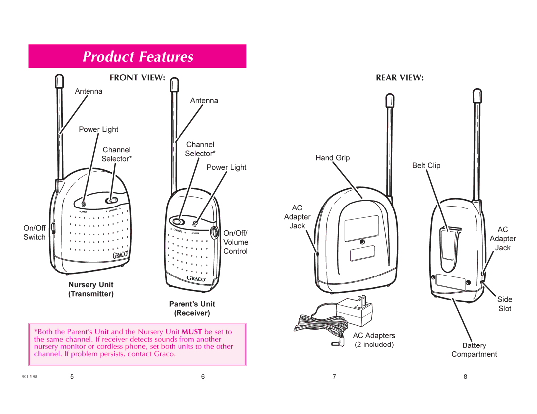 Graco Sound Sleep user service Product Features, Front View Rear View, Nursery Unit Transmitter, Parent’s Unit Receiver 