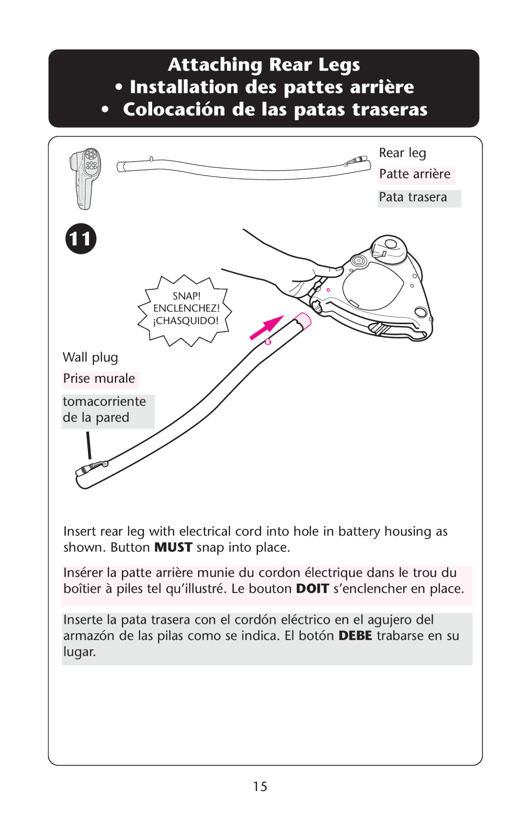 Graco Swing n' Bounce owner manual Rear leg Patte arrière Pata trasera 