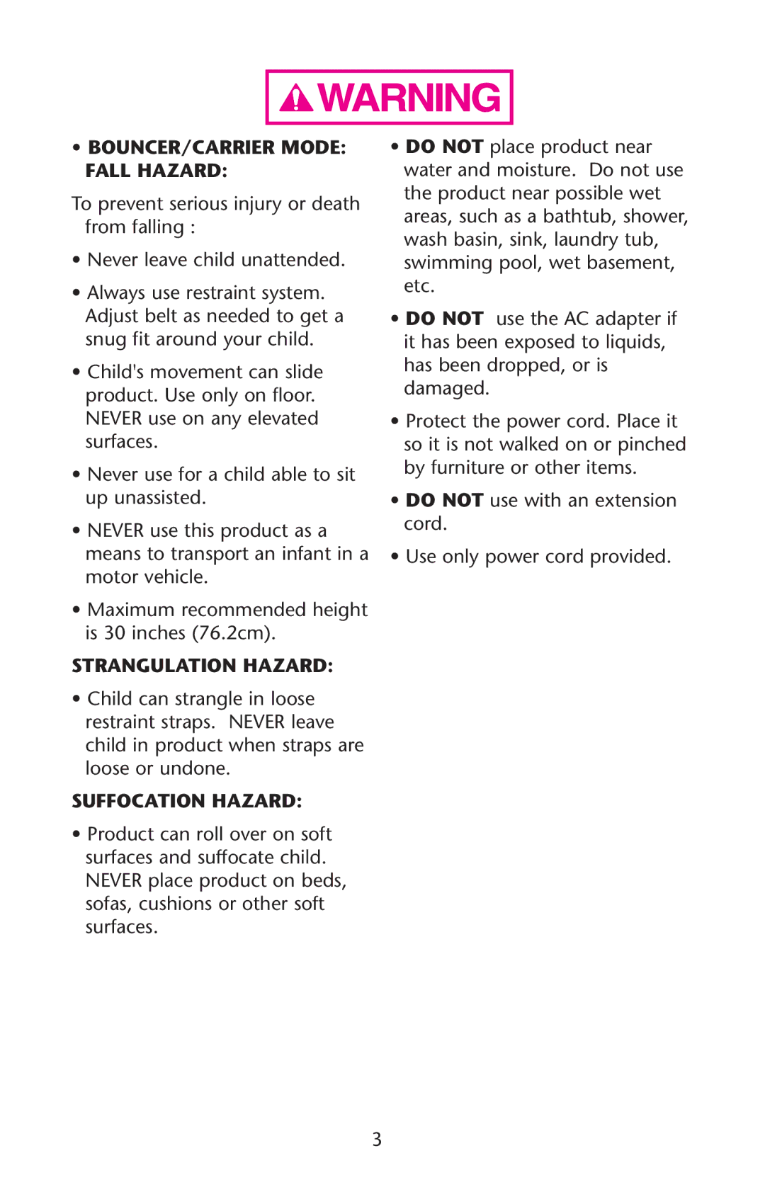 Graco Swing n' Bounce owner manual BOUNCER/CARRIER Mode Fall Hazard 