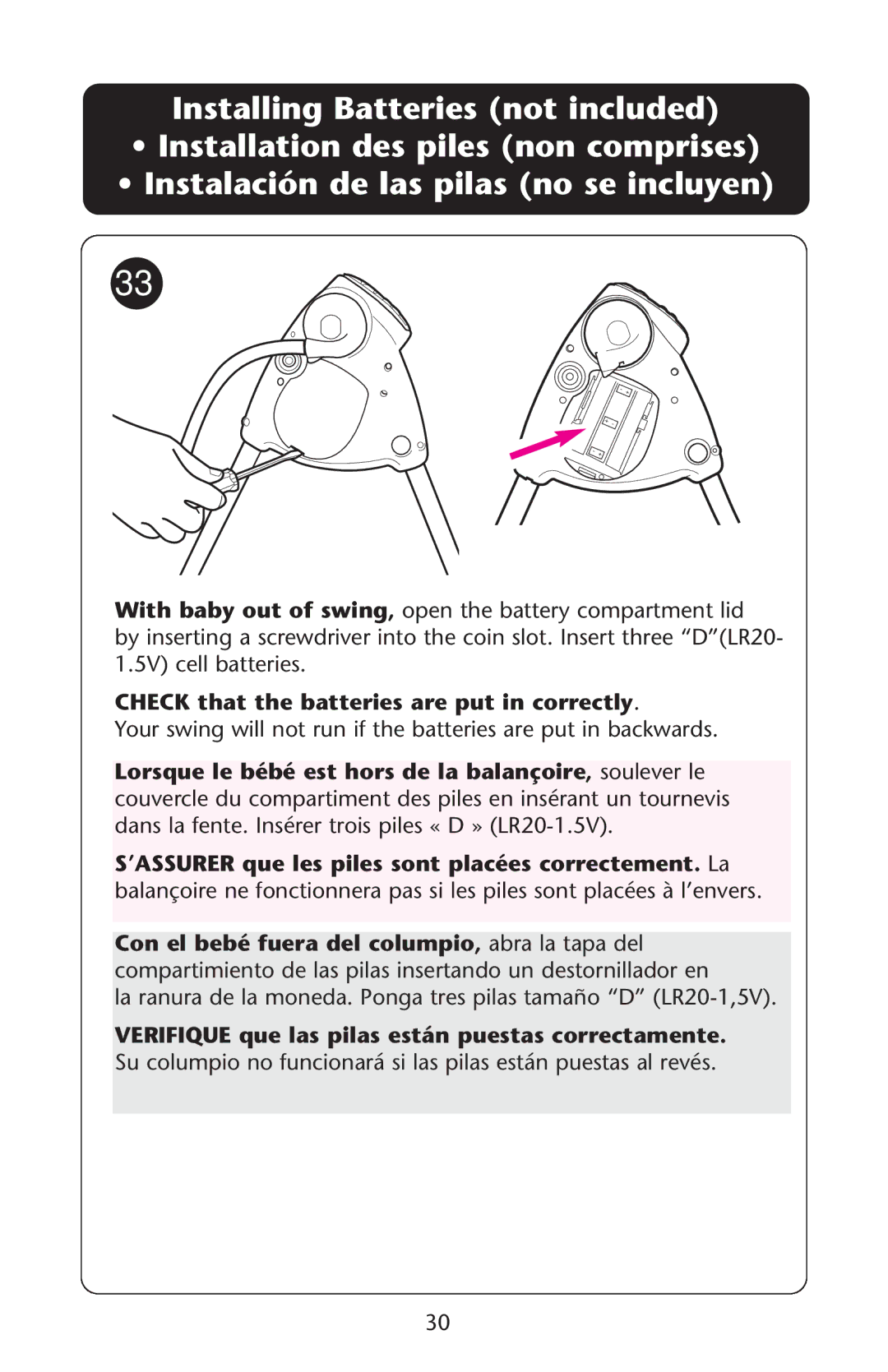 Graco Swing n' Bounce owner manual Check that the batteries are put in correctly 