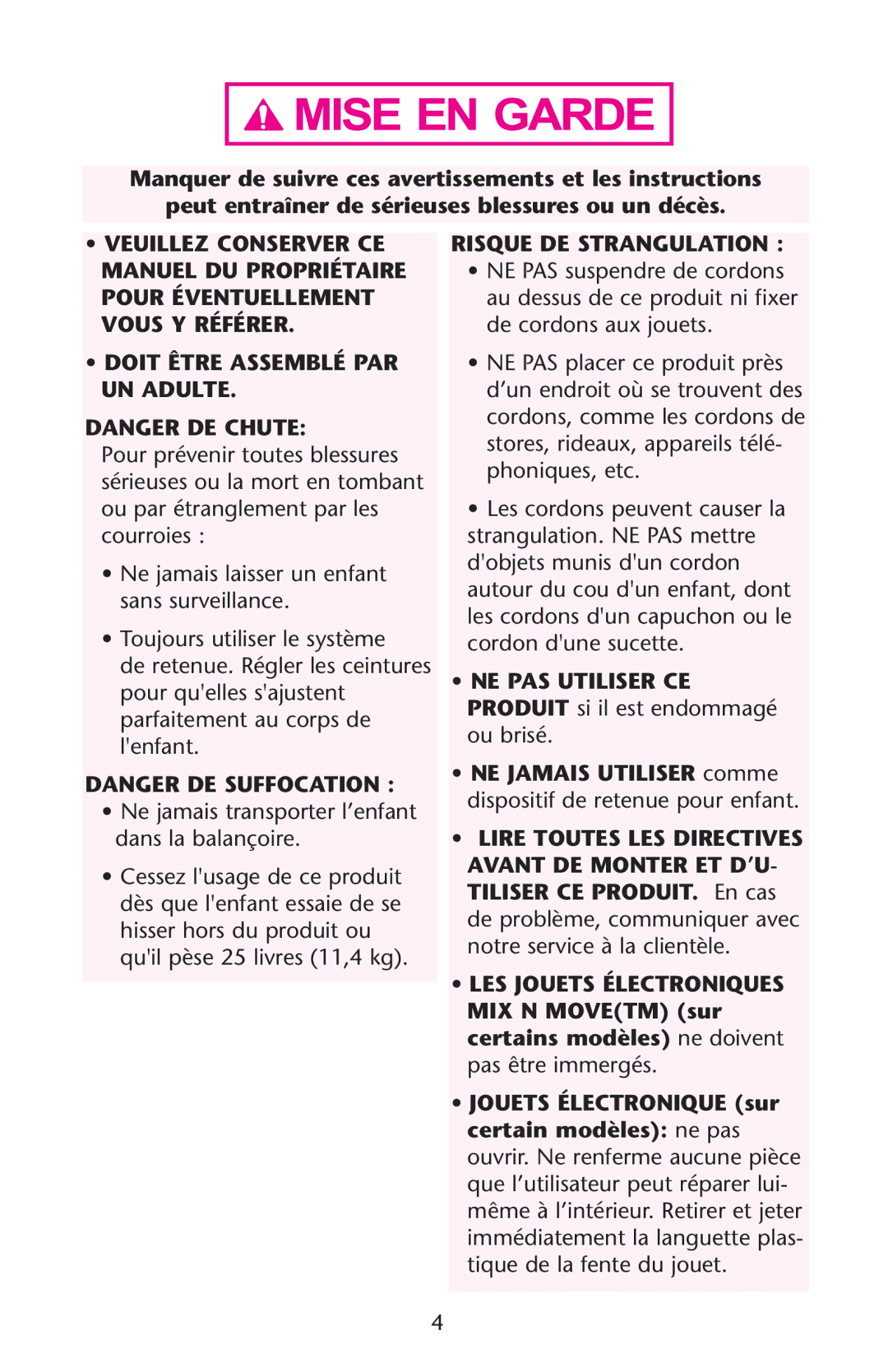 Graco Swing n' Bounce owner manual Risque DE Strangulation 