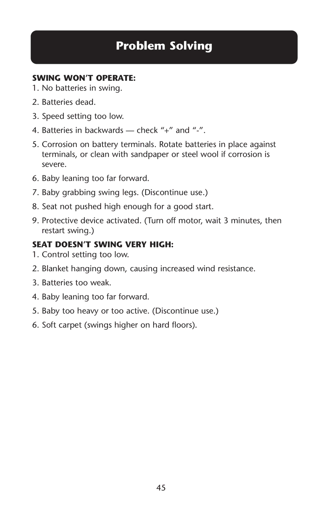 Graco Swing n' Bounce owner manual Problem Solving, Swing WON’T Operate, Seat DOESN’T Swing Very High 