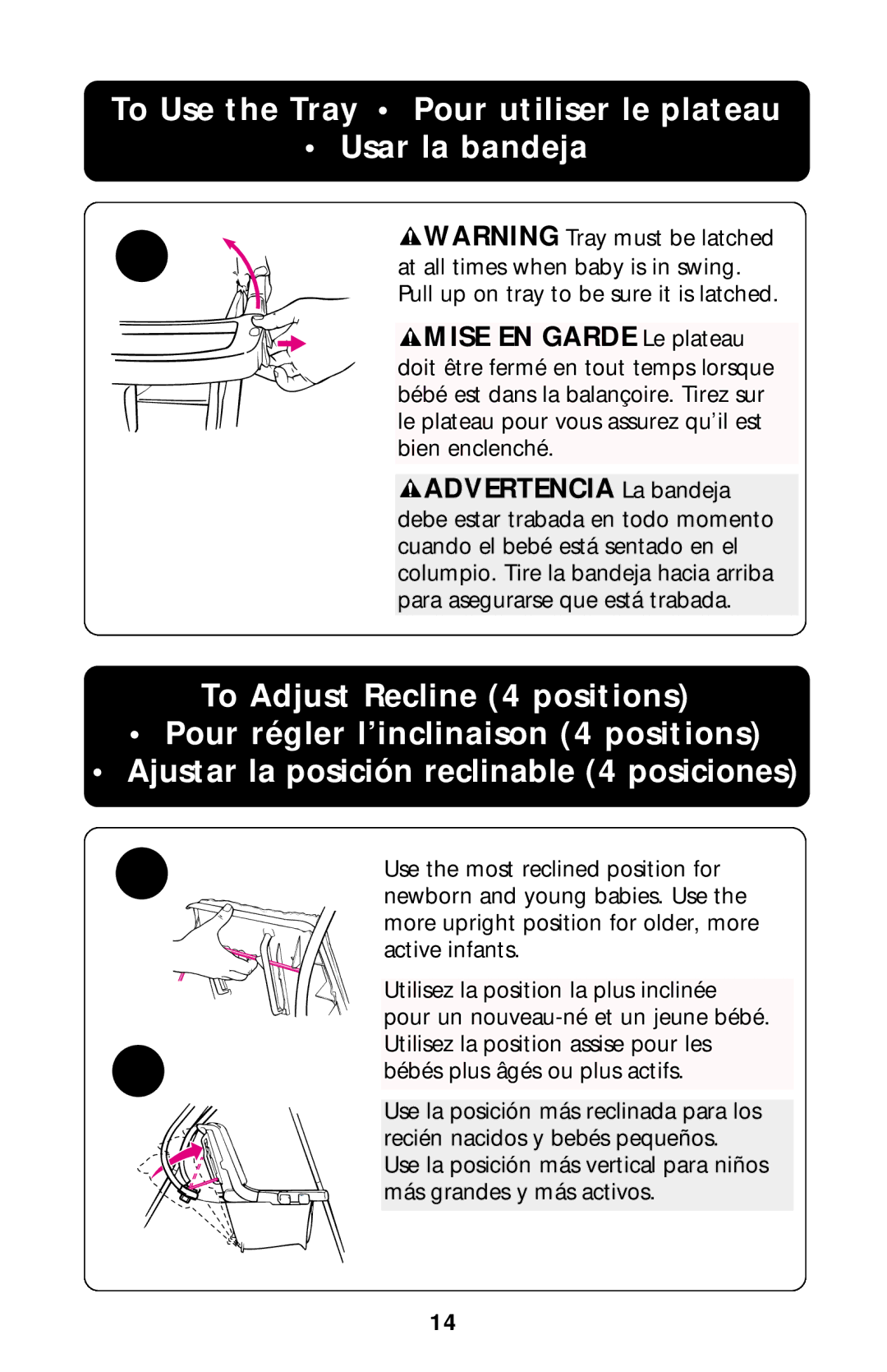 Graco Swing Set owner manual To Use the Tray Pour utiliser le plateau Usar la bandeja 