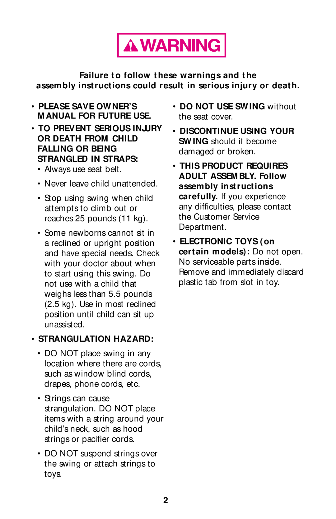 Graco Swing Set owner manual Strangulation Hazard 