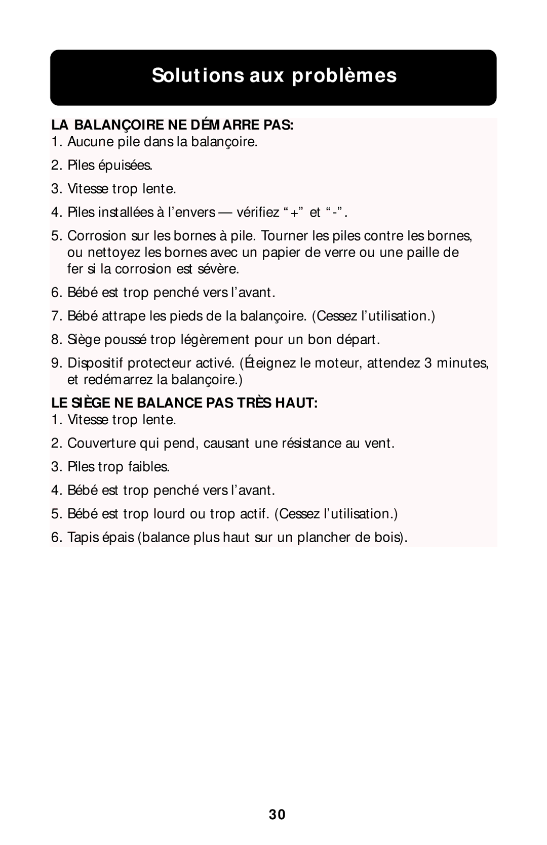 Graco Swing Set owner manual Solutions aux problèmes, LA Balançoire NE Démarre PAS 