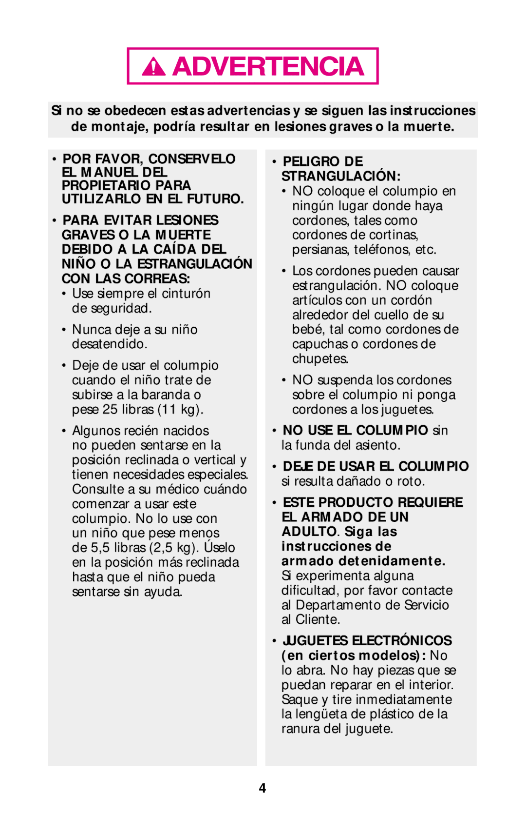 Graco Swing Set owner manual Peligro DE Strangulación 