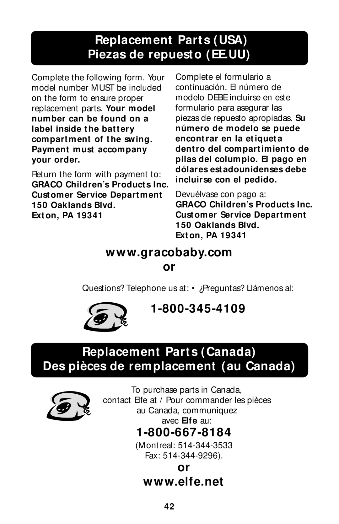 Graco Swing Set owner manual Replacement Parts USA Piezas de repuesto EE.UU 