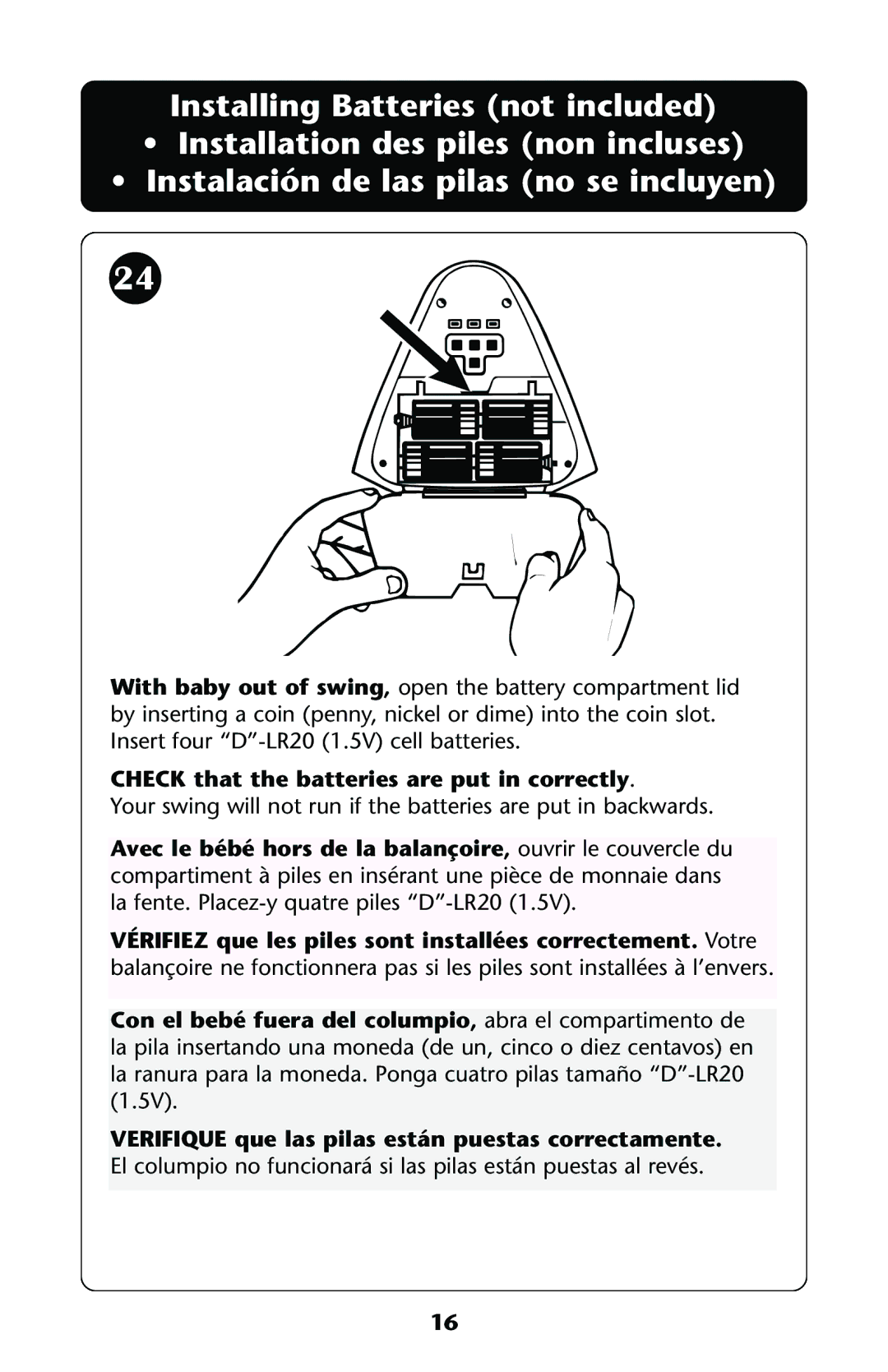 Graco Swing owner manual Check that the batteries are put in correctly 