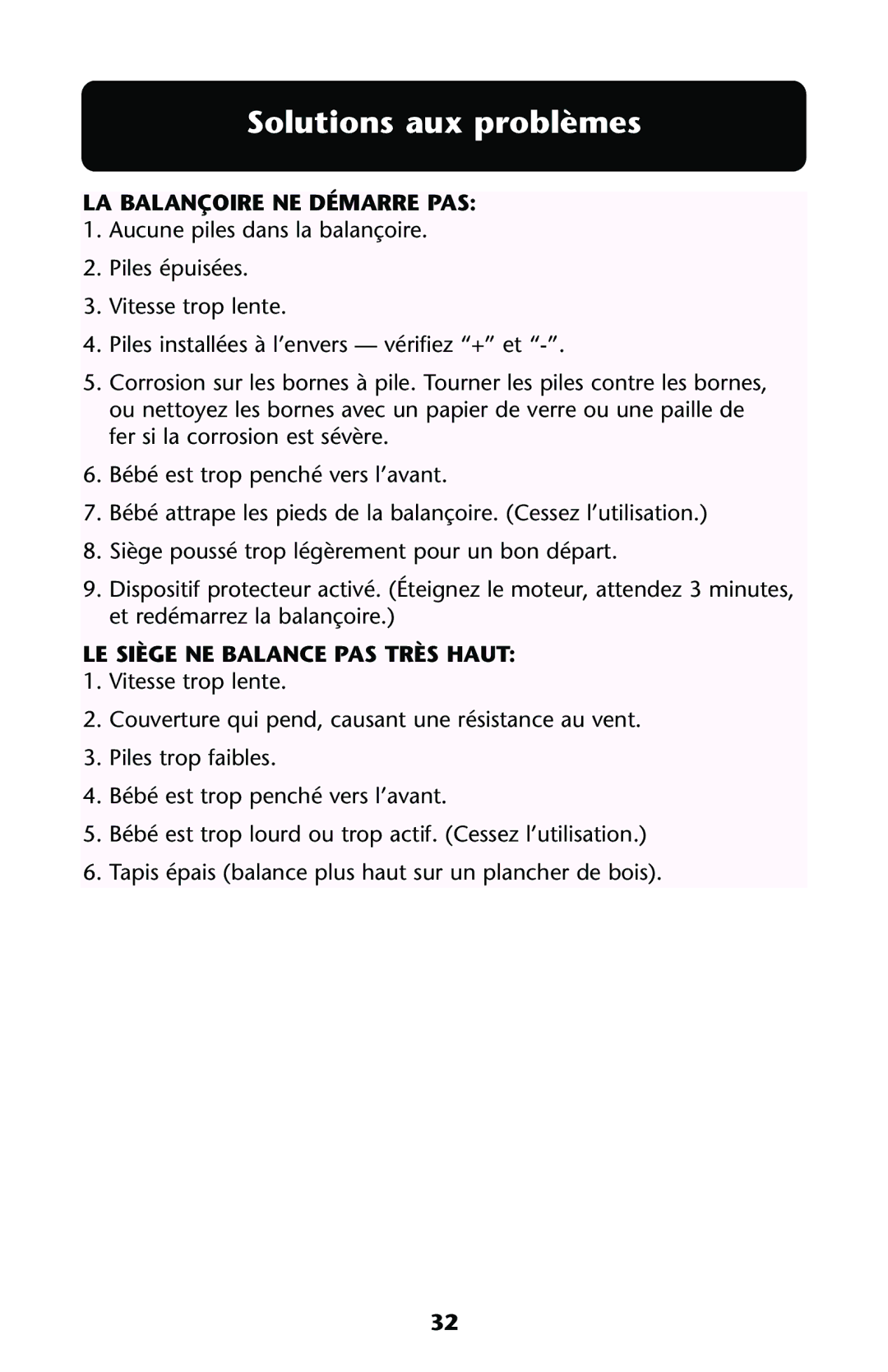 Graco Swing owner manual Solutions aux problèmes, LA Balançoire NE Démarre PAS 