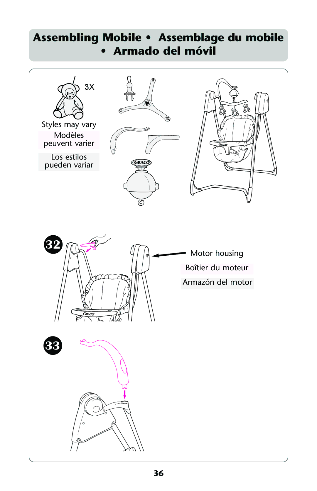 Graco Swing owner manual Assembling Mobile Assemblage du mobile Armado del móvil 