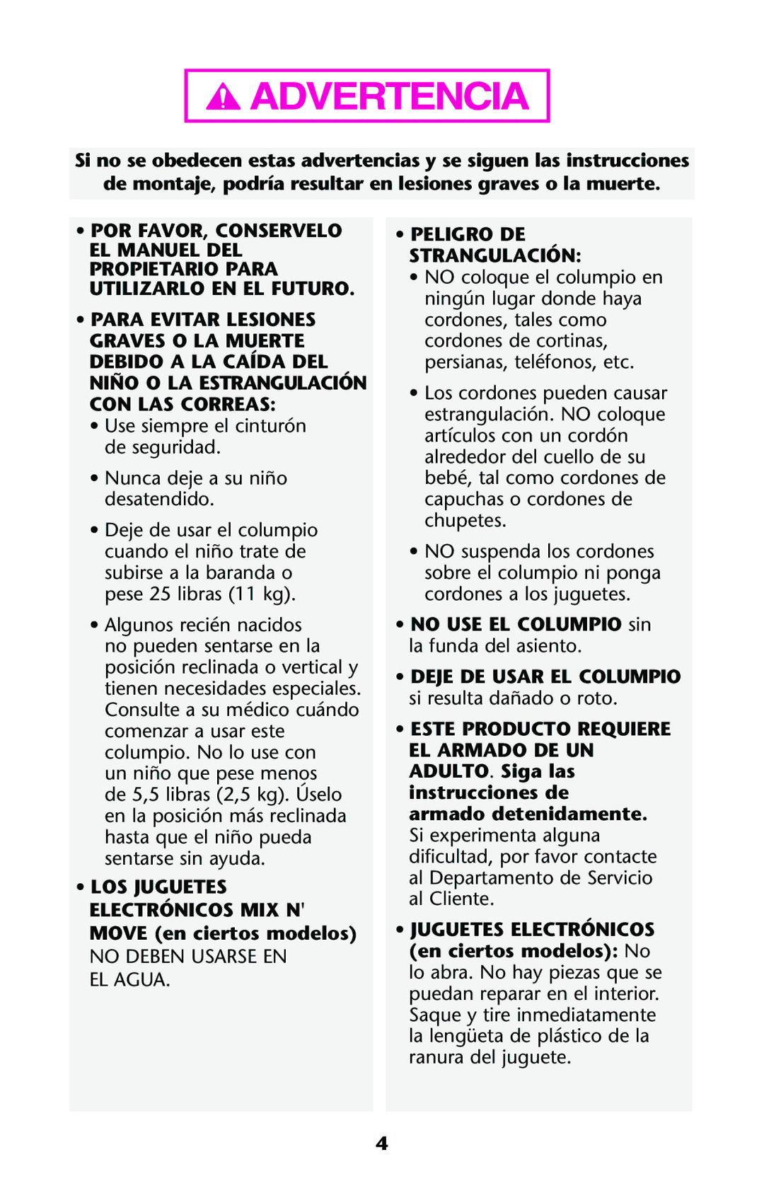 Graco Swing owner manual Peligro DE Strangulación 