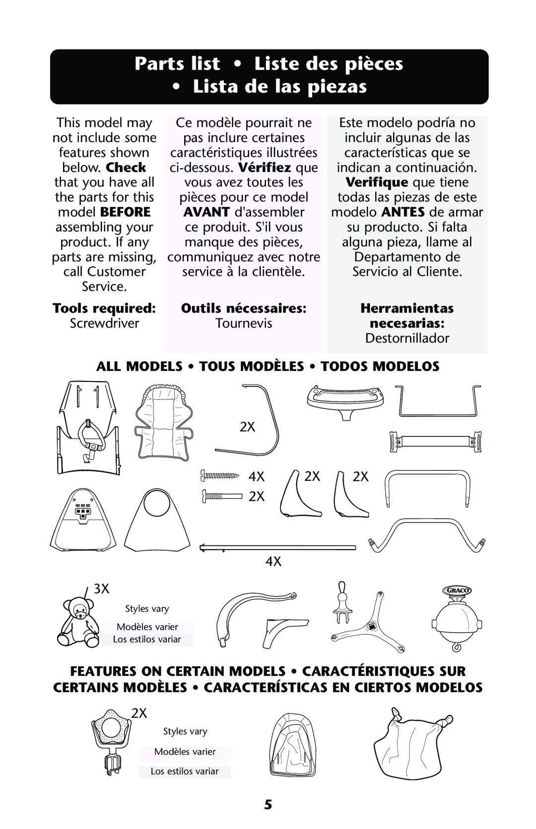 Graco Swing owner manual Parts list Liste des pièces Lista de las piezas, Verifique que tiene 