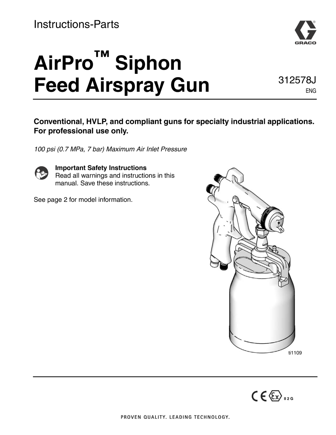 Graco ti1109 important safety instructions AirPro Siphon Feed Airspray Gun, Important Safety Instructions 