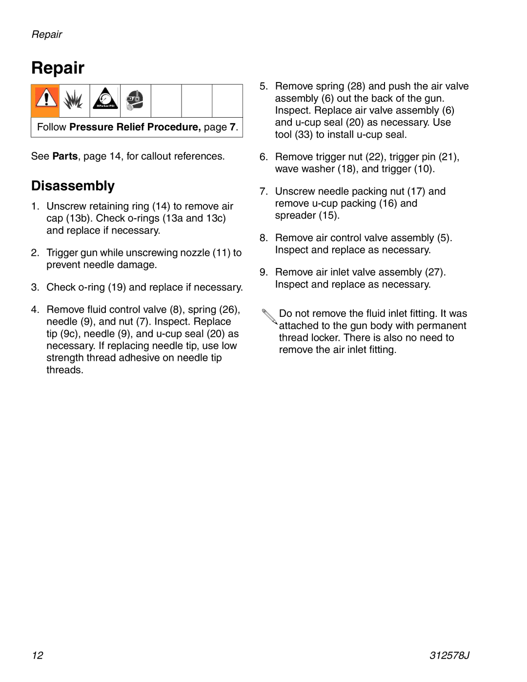 Graco ti1109 important safety instructions Repair, Disassembly, Follow Pressure Relief Procedure 