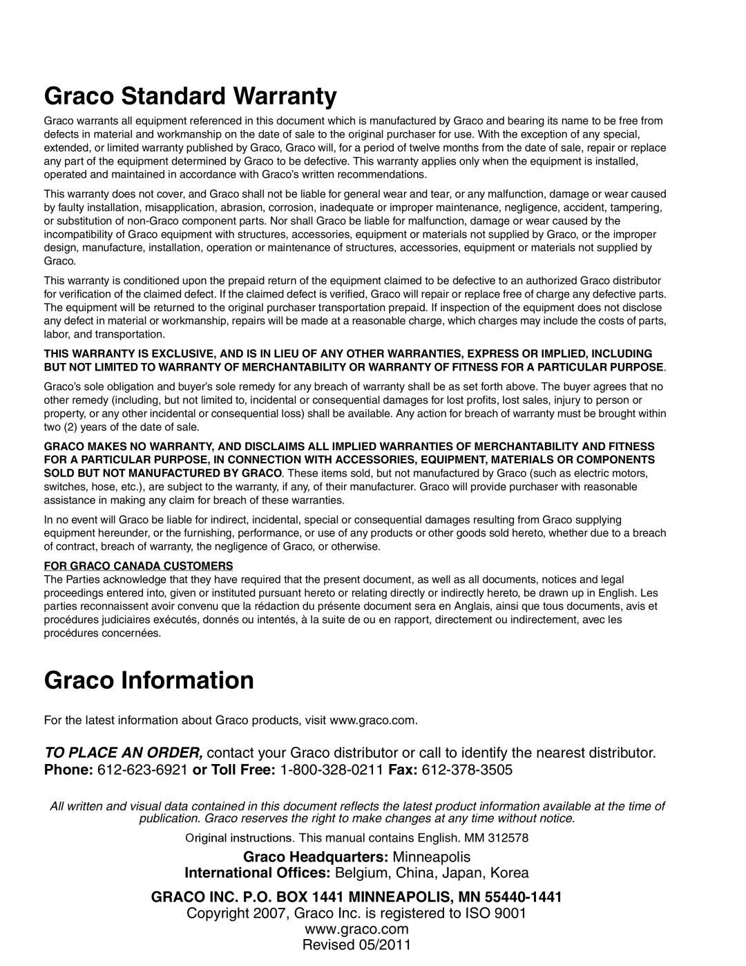 Graco ti1109 important safety instructions Graco Standard Warranty, Graco Information, Graco Headquarters Minneapolis 