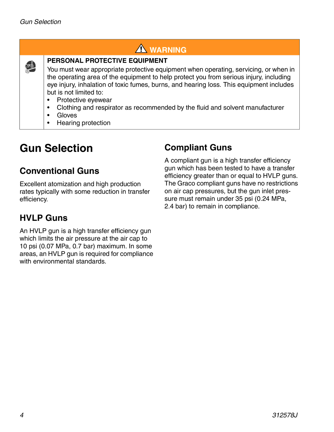 Graco ti1109 important safety instructions Gun Selection, Conventional Guns, Compliant Guns, Hvlp Guns 