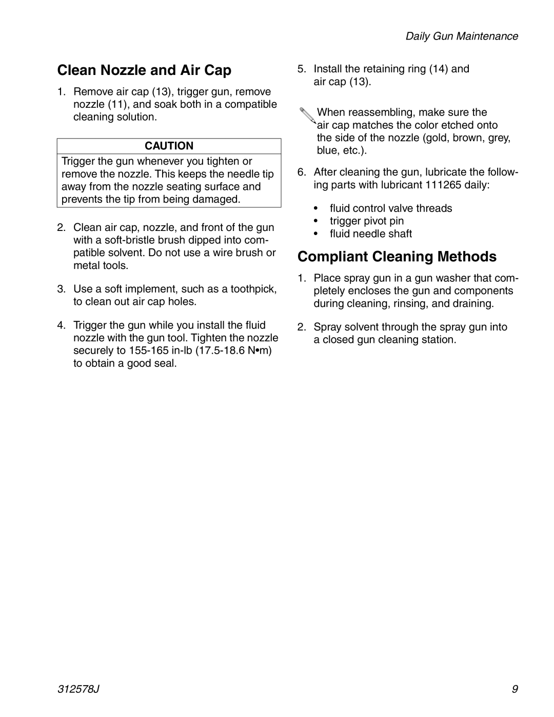 Graco ti1109 important safety instructions Clean Nozzle and Air Cap, Compliant Cleaning Methods 