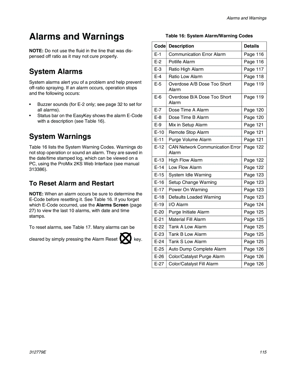 Graco TI12553a Alarms and Warnings, System Alarms, System Warnings, System Alarm/Warning Codes Description Details 